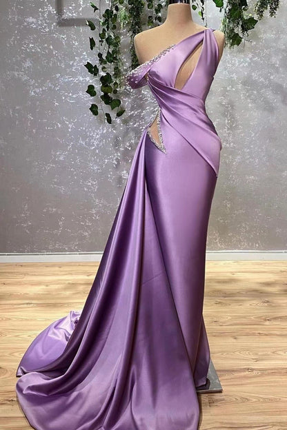 One Shoulder Sleeveless Lilac Mermaid Stain Prom Dress