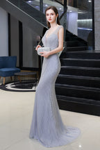 BMbridal Luxurious Beaded Mermaid Prom Dress Sleeveless V Neck Tulle Gown