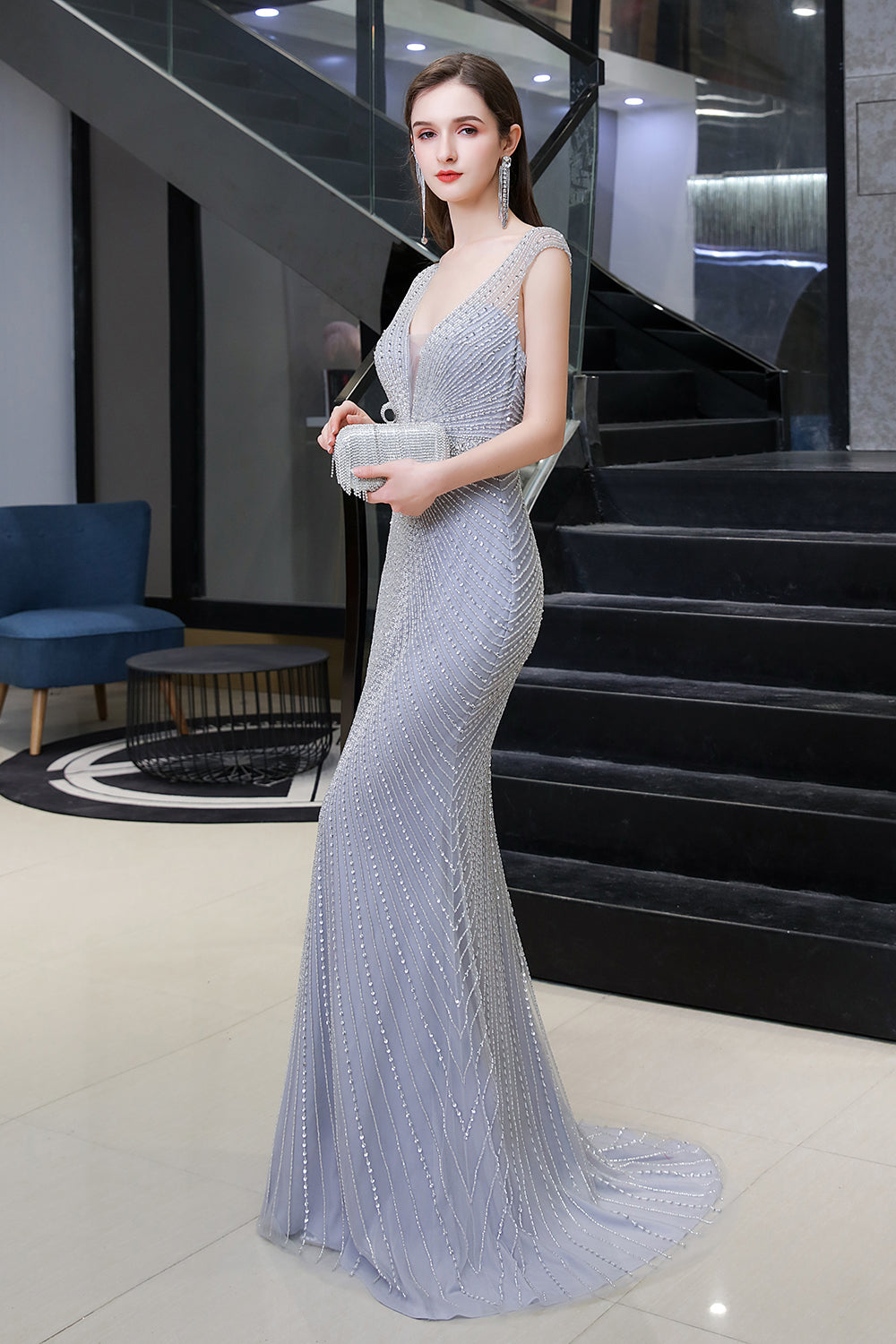 BMbridal Luxurious Beaded Mermaid Prom Dress Sleeveless V Neck Tulle Gown