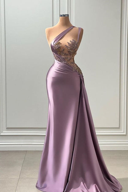 Long Mermaid One Shoulder Satin Lace Sleeveless Prom Dress
