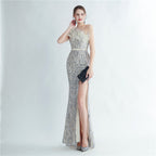 Heavy Industry Ostrich Hair Craft Beading Evening Dress with Side Slit