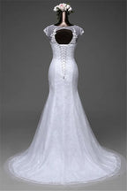 Beautiful Lace Long Mermaid Jewel Wedding Dress With Tulle Overskirt