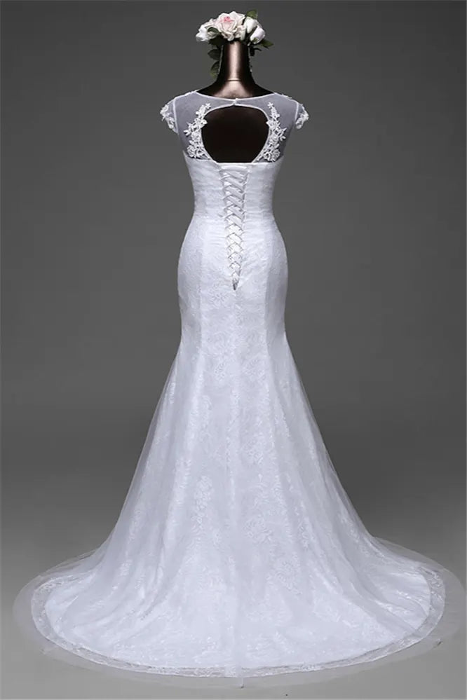 Beautiful Lace Long Mermaid Jewel Wedding Dress With Tulle Overskirt