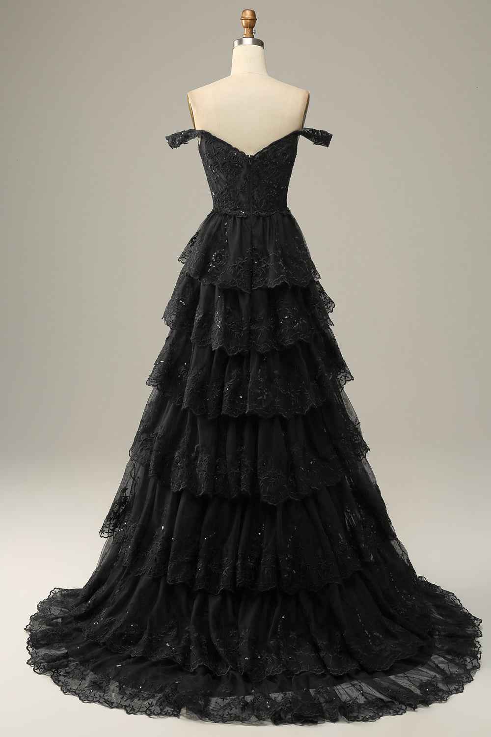 A Line Off Shoulder Black Corset Prom Dress With Lace Ruffles