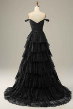 A Line Off Shoulder Black Corset Prom Dress With Lace Ruffles