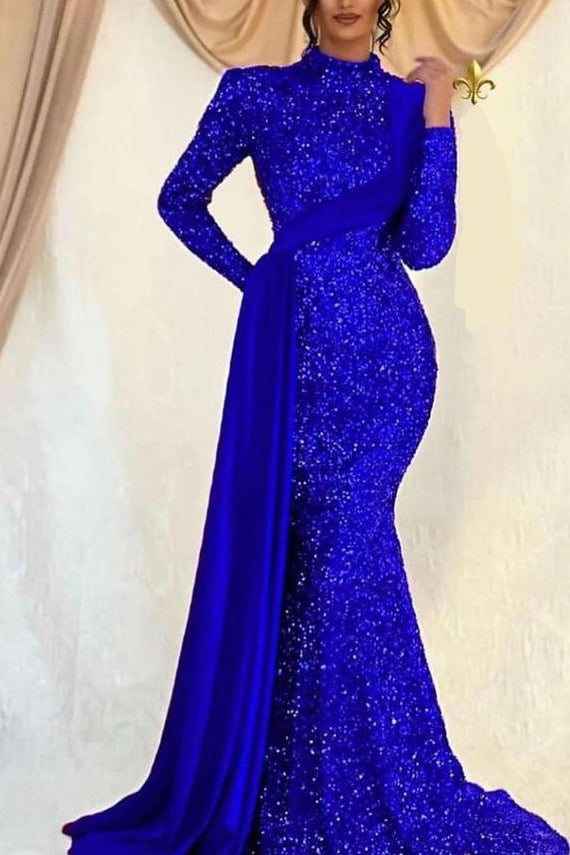 High Neck Long Sleeves Sequined Mermaid Prom Dress with Ruffles