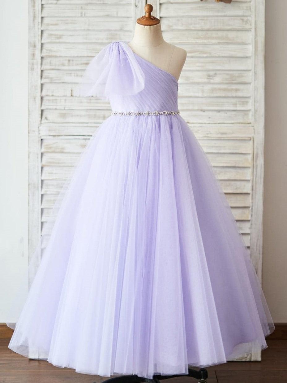 Short Sleeve Tulle Floor Length Flower Girl Dress With Bow