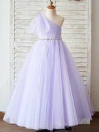 Short Sleeve Tulle Floor Length Flower Girl Dress With Bow
