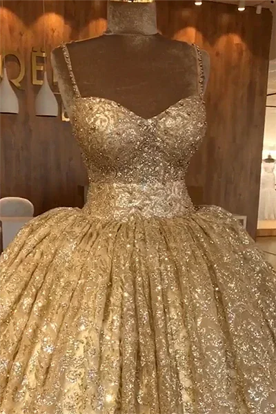 Abito da sera dorato con spalline sottili | Abito da ballo principesco di lusso per festa di gala S19116