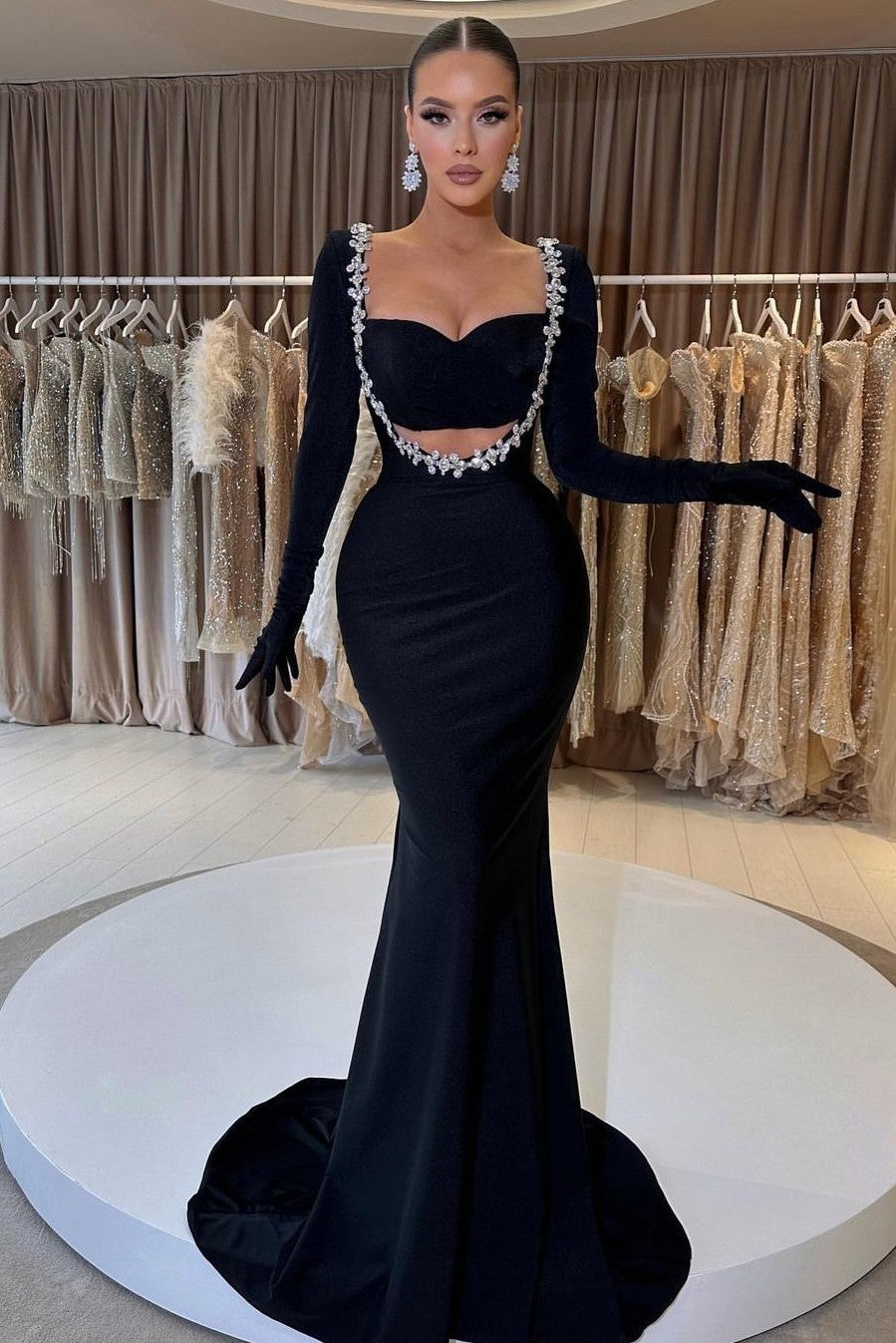 Elegant Black Velvet Long Sleeve Beaded Long Mermaid Prom Dress With Gloves