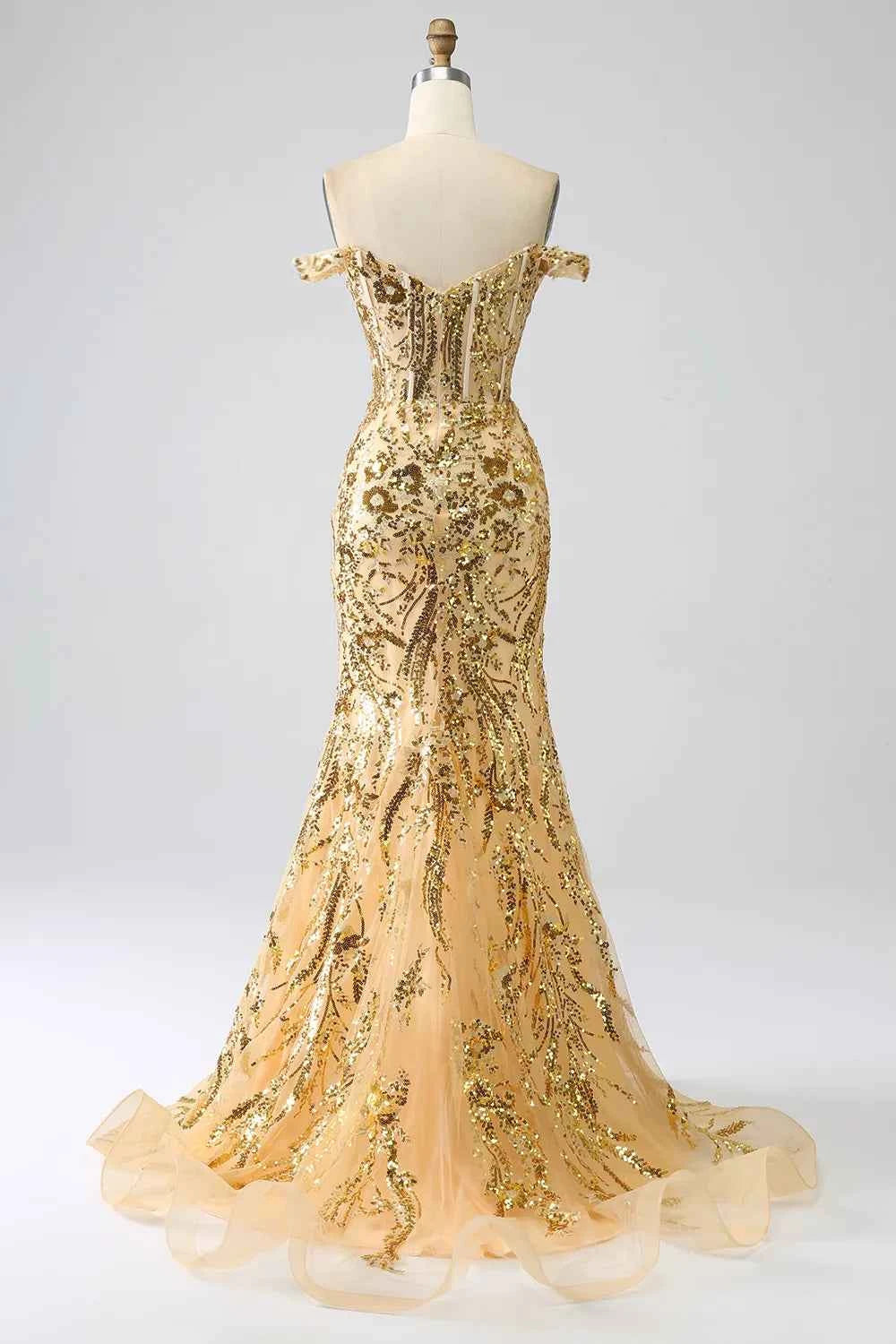 Sparkly Gold Off Shoulder Mermaid Sequin Long Prom Dress With Slit