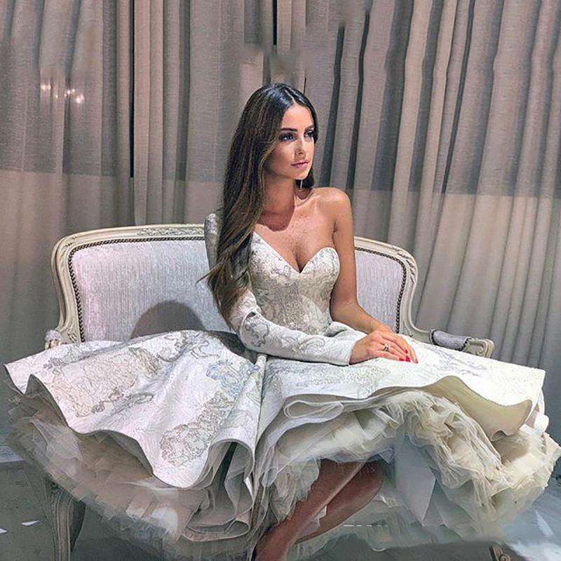 One Shoulder Floral Pattern A Line Short Wedding Dress With Sleeves