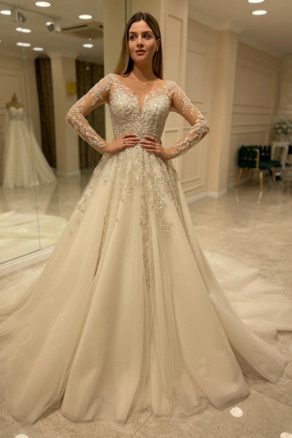 Charming A Line Lace Appliques Wedding Dress With Sleeves