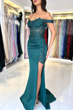 Mermaid Satin Prom Dress Off Shoulder With Slit And Crystal Embellishments