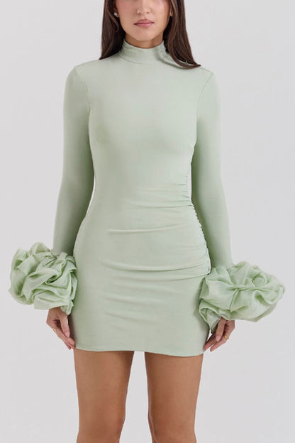 Minikleid mit Rüschen, Patchwork, langen Ärmeln und hohem Halsausschnitt 
