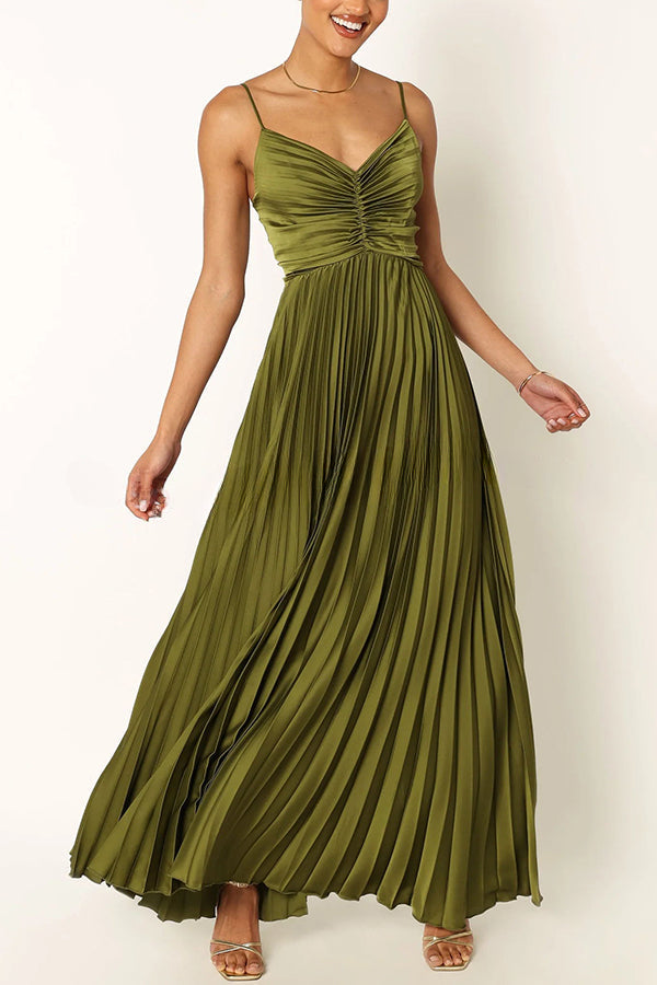 A Dreamy Escape Satin Adjustable Straps Pleated Maxi Dress