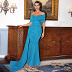 Elegant Red Satin off-the-Neck Elegant Lady Short Sleeve Long Pattern High-Grade Chest-Wrapped Evening Dress