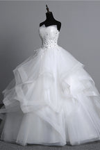 Strapless Tulle Layered Ball Gown Wedding Dress with Appliques and Beading