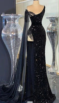 Magnifique robe de soirée noire en sequins avec perles, franges et fente, longue robe de bal Y7650