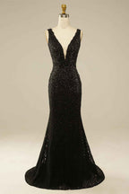Elegant Black Lace Long Prom Dress With Glitter Rhinestones