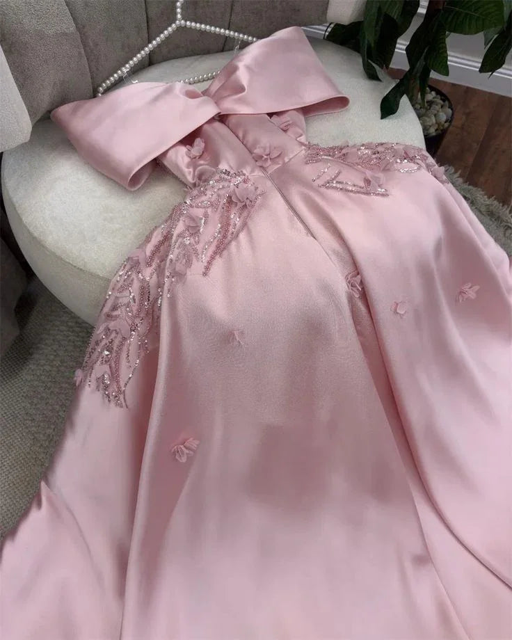 Elegante abito da sera rosa con spalle scoperte, applicazioni e paillettes, lungo a linea ad A, abito da ballo Y7638