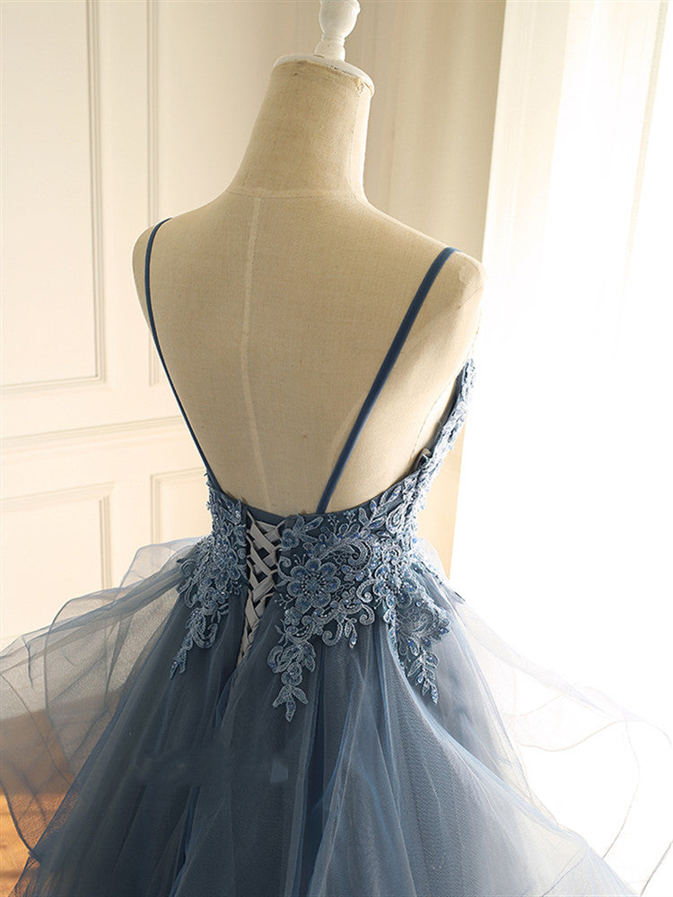 BMbridal Chic Tulle Spaghetti Straps V Neck Prom Dresses with Appliques Online
