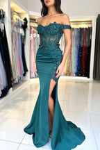 Mermaid Satin Prom Dress Off Shoulder With Slit And Crystal Embellishments