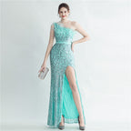 Heavy Industry Ostrich Hair Craft Bundle Hair Evening Dress with Oblique Shoulder Slit