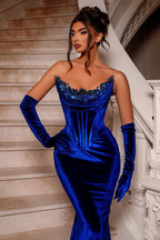 Royal Blue Mermaid Evening Gown Strapless Velvet With Beads