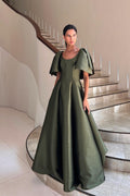 Jewel Neck Short Sleeve Long A Line Prom Dress With Pleated Skirt