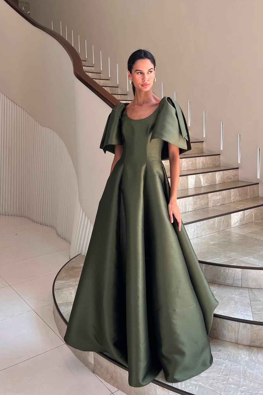 Jewel Neck Short Sleeve Long A Line Prom Dress With Pleated Skirt