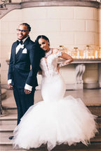 Chic Mermaid Tulle Wedding Dress With Long Sleeves Off Shoulder And Appliques