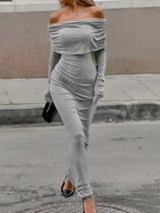 Lange Ärmel, schmal, plissiert, einfarbig, mit Schlitz, schulterfrei, Abendkleider, Maxikleider 