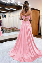Dark Green Satin A-Line Appliqued Prom Dress With Side Slit For Formal Evening Party Occasions