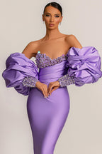 Custom Purple Mermaid Prom Dress With Appliques And Puff Sleeves