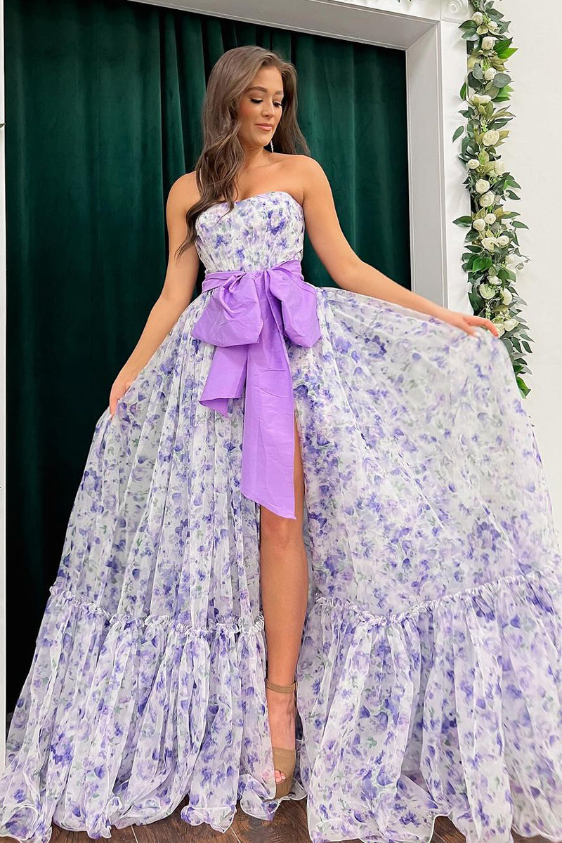 Eleganti abiti lunghi da sera senza spalline in chiffon stampato floreale con spacco
