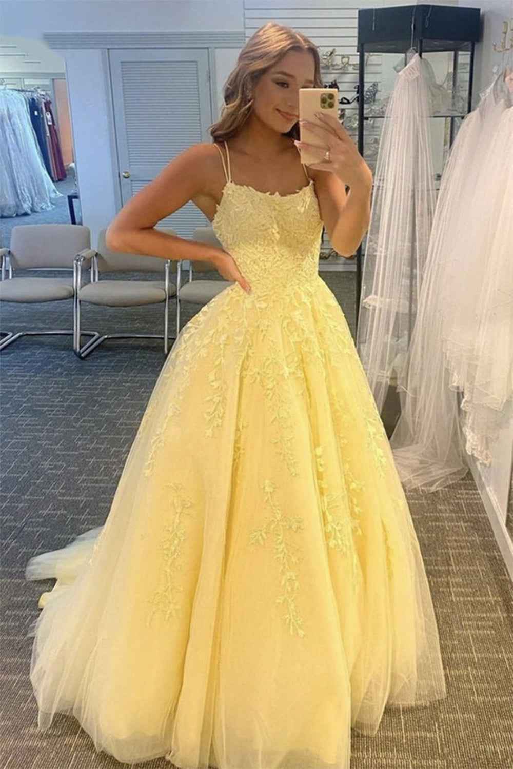 Princess Yellow Spaghetti Straps Prom Dress For Weddings And Evening Parties