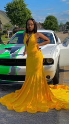 Vestido de Baile Amarelo Deslumbrante de Sereia, Vestido de Noite Sedutor com Cauda Y1709