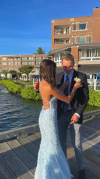 Vestidos de Festa Longos com Renda Azul Bebé Estilo Sereia com Alças Finas Y1733