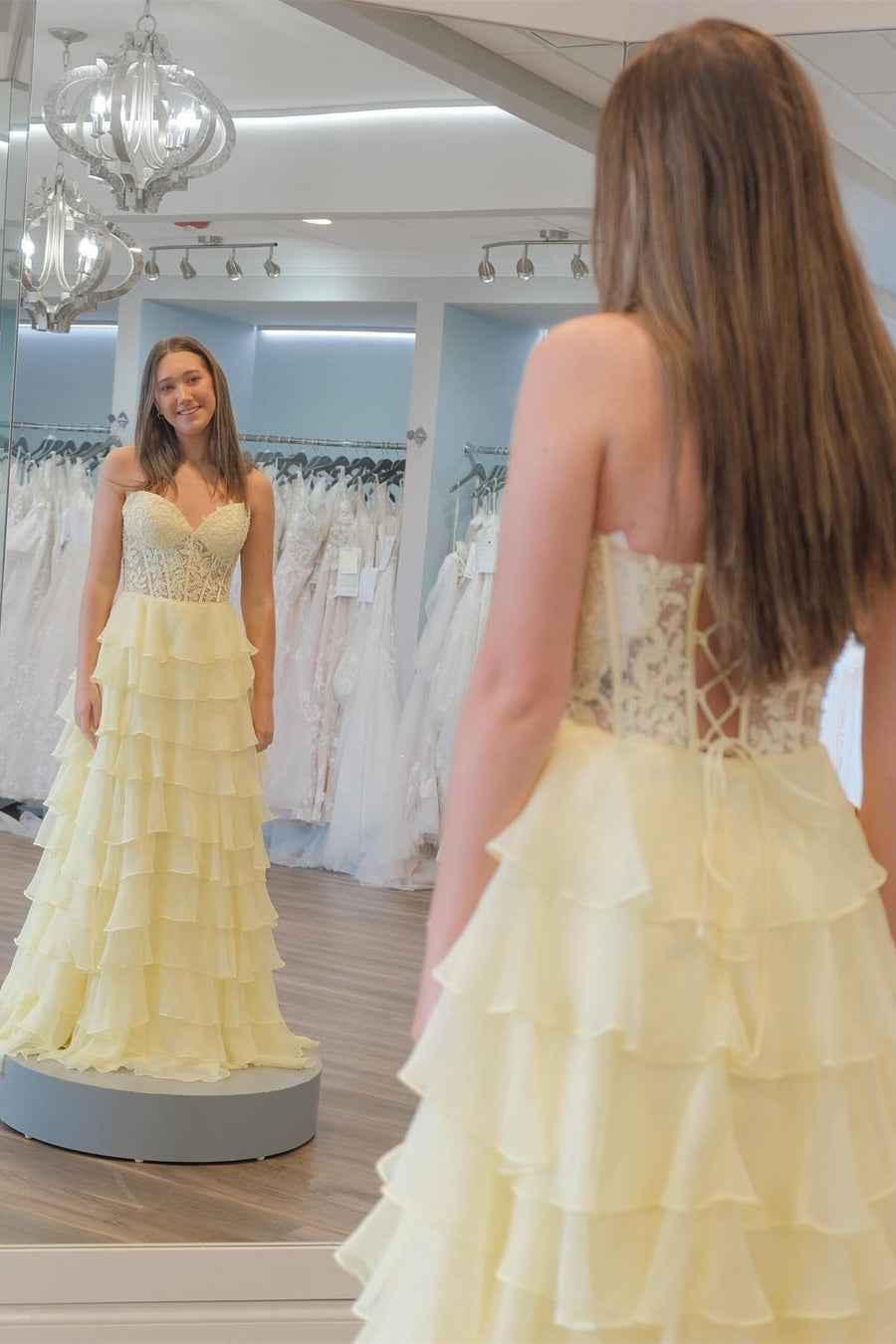 Light Blue A Line Sweetheart Chiffon Prom Dress With Tiered Ruffles Appliques