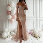 Vestidos largos de sirena para mujer 2026 elegantes con lentejuelas, escote a los hombros, abertura, cintura alta, formales para baile de graduación, para fiesta, personalizados