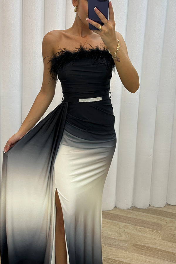 Vestido largo con abertura y cinturón, con estampado degradado y plumas, Wild Elegance 