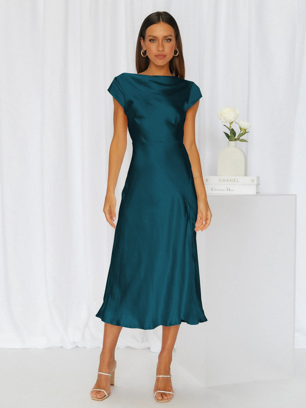 Summer Women High Fork Elegant Dress Sexy Slimming Backless Pure Satin Evening Dress