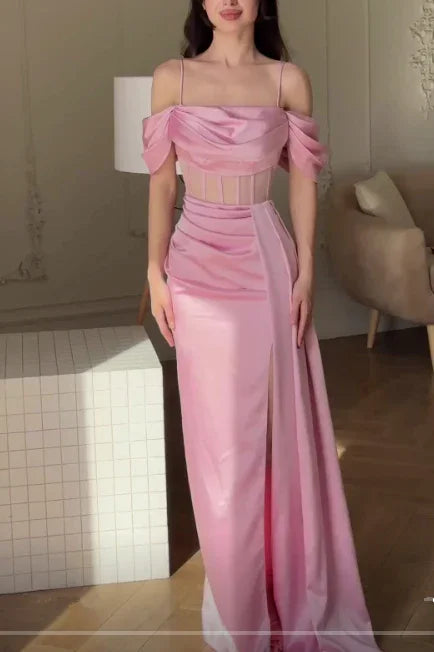 Abito da sera elegante rosa con scollo a barca, modello sirena, con spacco Y7625