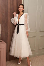Bmbridal Long Sleeve Tulle Tea Length Wedding Dress with V Neck Appliques