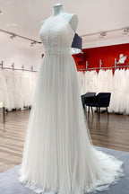 Vintage Long Halter Backless A Line Wedding Dress With Lace And Tulle