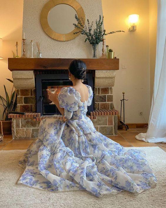 Bellissimo Abito Lungo da Sera in Chiffon con Stampa Floreale Y572