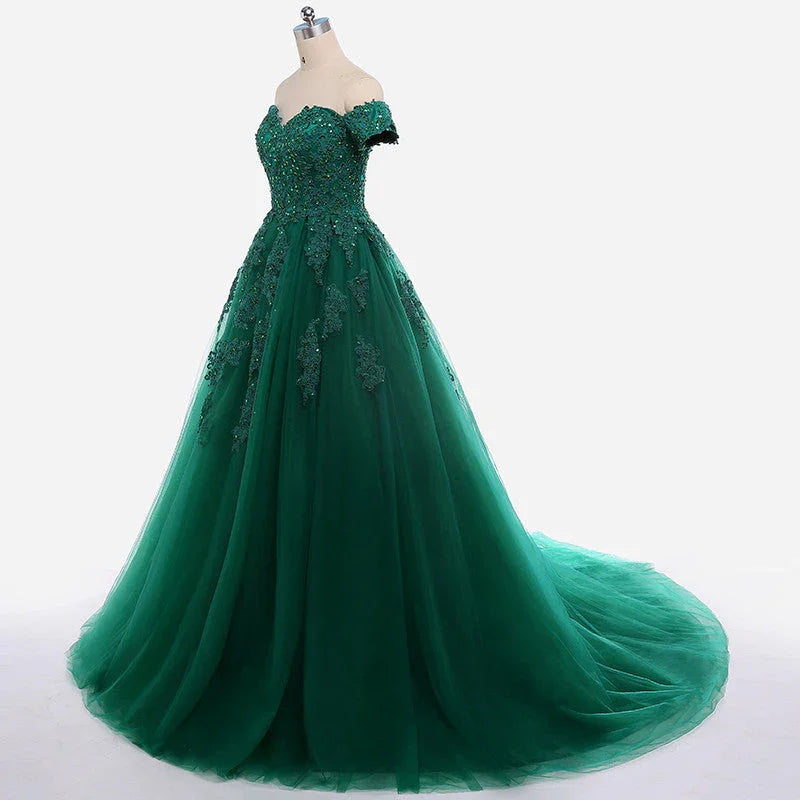 Abiti Sexy in Pizzo Verde Scuro con Applicazioni, Abito da Ballo a Maniche Corte per Festa di 15 Anni, Abito su Misura con Strascico da Cappella, Abiti Dolce Sedici Y610
