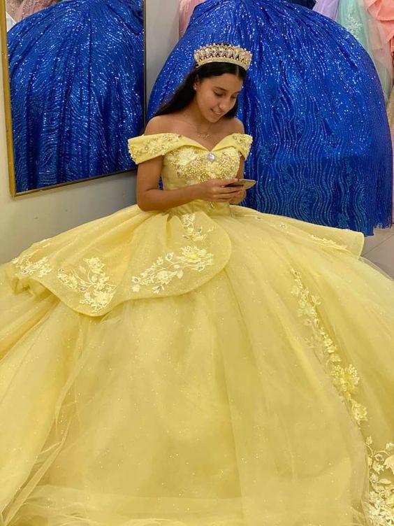 Abito Giallo Principessa con Spalle Scoperte Abito per Dolce Sedicesimo Abito da Ballo Y655