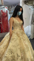 Abito principesco lussuoso color champagne con scollo a V per Quinceañera, abito da ballo color champagne Y593